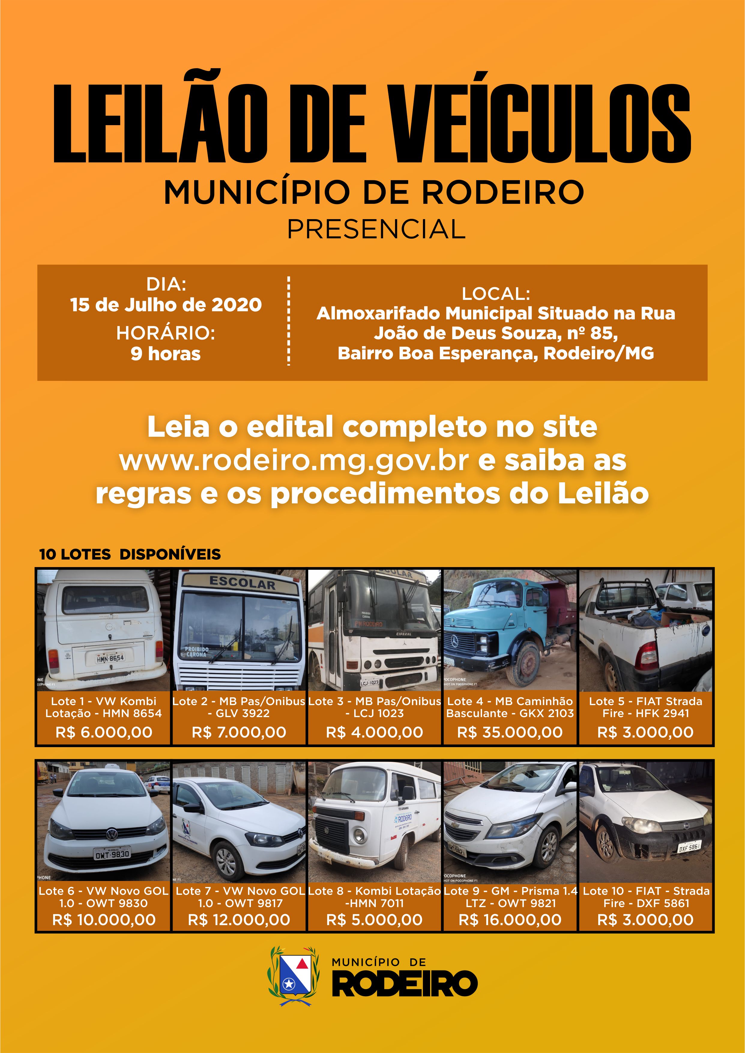 Leilão Público de veículos da cidade de Rodeiro
