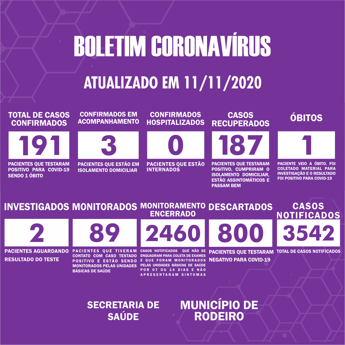 Boletim Epidemiológico do Município de Rodeiro sobre coronavírus, atualizado em 11/11/2020