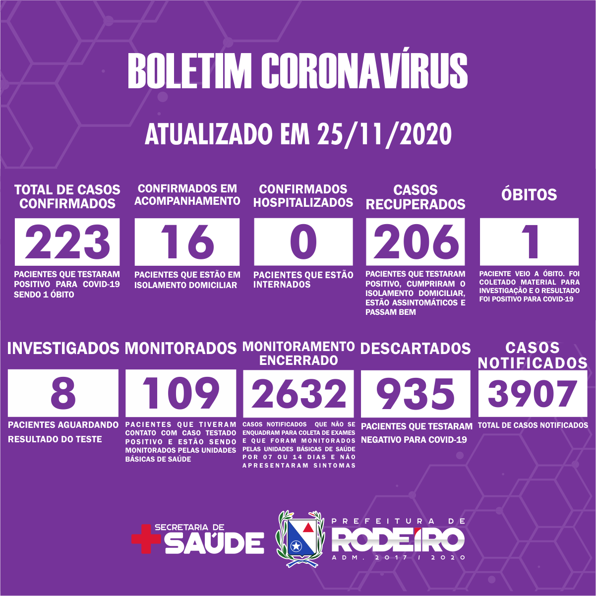 Boletim Epidemiológico do Município de Rodeiro sobre coronavírus, atualizado em 25/11/2020